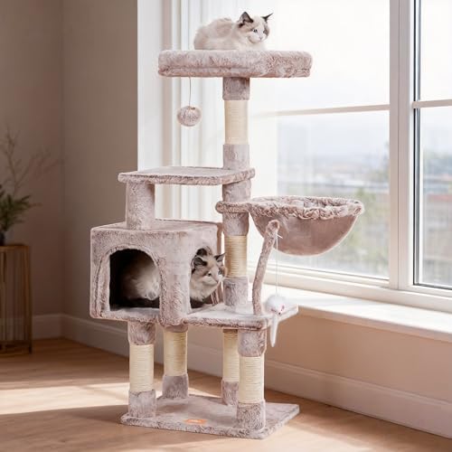 Image of Heybly Cat Tree with Toy, 43.3 inch Cat Tower for Indoor Cats HCT004SMU | Cat Condo with Durable Sisal Scratching Posts, Cat House with Padded Plush Perch, Cozy Hammock, Rosy Brown