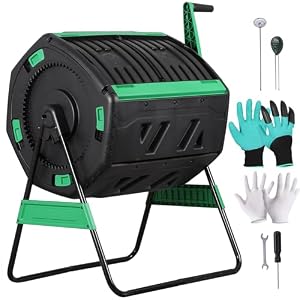 F2C 53Gal Dual Chamber Compost Tumbler, Octagonal Outdoor Compost Bin w/Thermometer, Soil Tester & Gloves, Rotating Composter for Backyard Garden Yard Waste