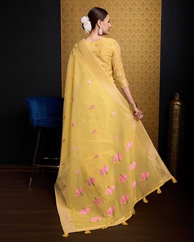 Image of SWORNOF Womens Linen Silk Saree | Saree for Women With Unstitched Blouse | Saree with Blouse Piece | Soft and Skin Friendly