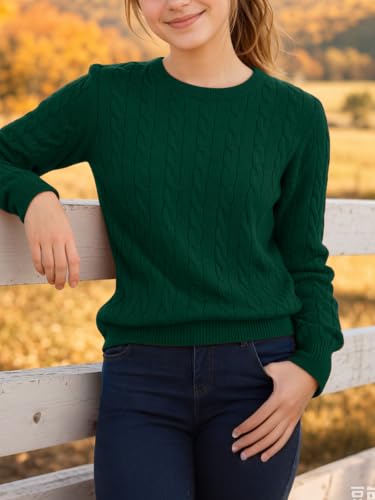 Image of Girls Sweaters Winter Tops Kids School Picture Teen Fashion Long Sleeve Crew Neck Cable Knit Casual Fall Cozy Pullover