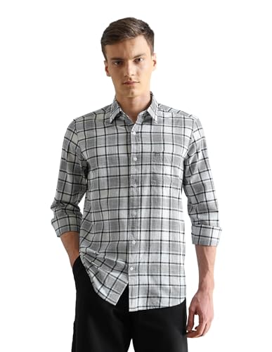 Image of Arrow Sport Men Slim fit Cotton Checked Long Sleeves Spread Collar Shirt