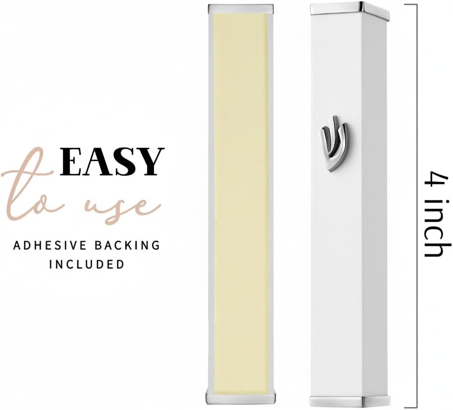 SURI Small Mezuzah Case – 3.8 Inch White Aluminum Mezuza Cover with Printed Scroll Set, Fits a 3 Inch Scroll, Self-Stick Adhesive, Gift Box Included