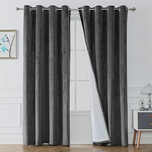 Victree 100% Blackout Curtains For Bedroom, Thick Velvet Curtains 52 X 84 Inch Length - Thermal Insulated Energy Saving, Sun Light Blocking Grommet Window Drapes For Living Room, 2 Panel, Dark Grey #TOP2
