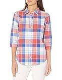 Amazon Essentials Women's Classic-Fit 3/4 Sleeve Poplin Shirt, Red/White/Blue, Plaid, X-Large