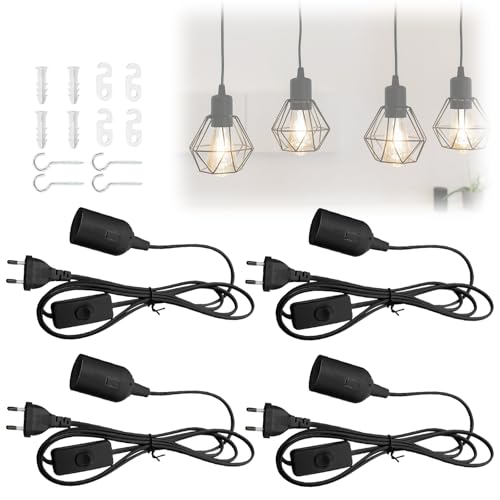 WIYETY Portalampada E27 con Cavo di Alimentazione 300 cm e Interruttore - Attacco con Spina Europea per Lampada a Sospensione (4 Pezzi)