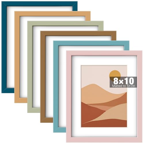 Threehoney 8 x 10 Picture Frame Set of 6, Boho Colorful Photo Frames Display Pictures 5 x 7 with Mat or 8 x 10 without Mat Picture Frame with Acrylic Cover for Gallery Home Wall Table Classroom Decor