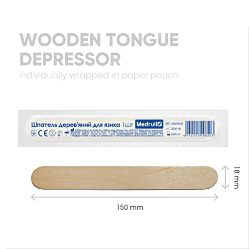 Medrull Holzmundspatel 100 Stück, 1.8cm x 15cm-Einzeln verpackt in Papierbeutel-zum Auftragen von Salben oder Wachsen-für medizinische Zwecke- den Mund- und Rachenraum zu untersuchen