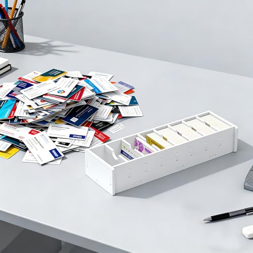 Qibivfo A7 Karteikarten Box aus Holz-Kunststoff-Verbund 36.3×12×6.4cm – Große Index Box mit 8 Fächern, Flexible Trennwände, Ideal für A7/A8 Karteikarten, Visitenkarten & Büroorganisation