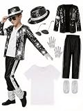 Beita Pop Star Halloween Costume Set, Black Sequin Jacket, Trousers, Hat, Gloves, 80s Retro Stage Outfit, 5 Piece (120)