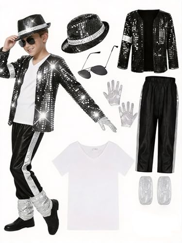 Beita Pop Star Halloween Costume Set Black Sequin Jacket Trousers Hat Gloves 80s Retro Stage Outfit 5 Piece (120)