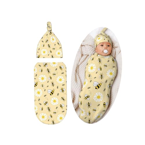 Image of Cute Bee Baby Stuff Swaddle Blanket Set with Beanie Hat for Boys and Girls, Soft Daisy Newborn Swaddle Wrap Receiving Blanket Shower Gift