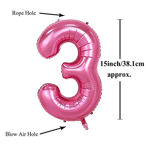 Image of AMFIN 15 Inch 3 Number Foil Balloons for 3rd Birthday Baby Girl Party Decorations, Third Wedding Anniversary Decoration Items - Pink