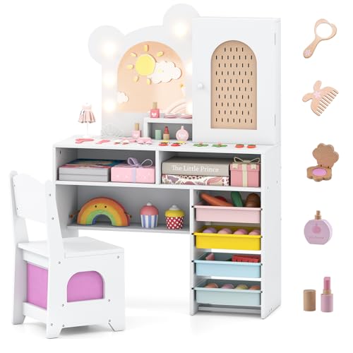 COSTWAY Tocador de Maquillaje Niña, Tocador Niña con Espejo y Luces de 3 Colores, Accesorios, 5 Cajones y 2 Compartimentos, Armario con Puerta,Estante Abierto, Mesa de Maquillaje para Niñas de 3+ Años