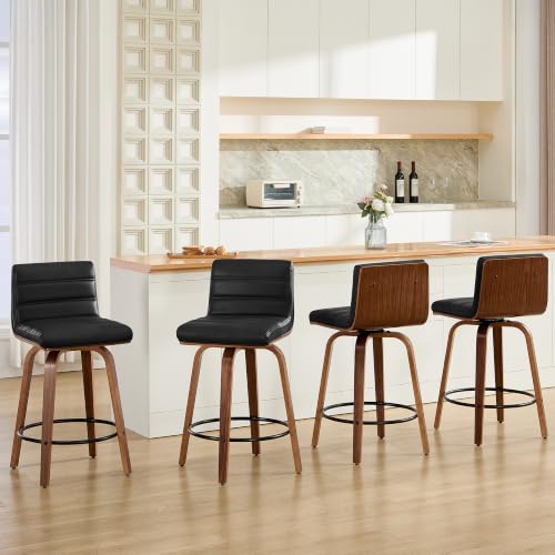 Image of Swivel Bar Stools Set of 6,26 inch Faux Leather Counter Height Barstools with Back,Mid Century Modern Upholstered Bar Chairs with Bentwood Legs Island Stools for Kitchen Counter Black
