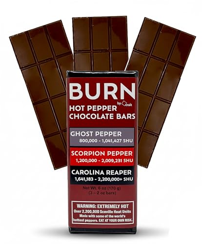 BURN Hot Pepper Chocolate Bars with Ghost Pepper, Scorpion Pepper and Carolina Reaper – Includes 3 Spicy Chocolate Bars