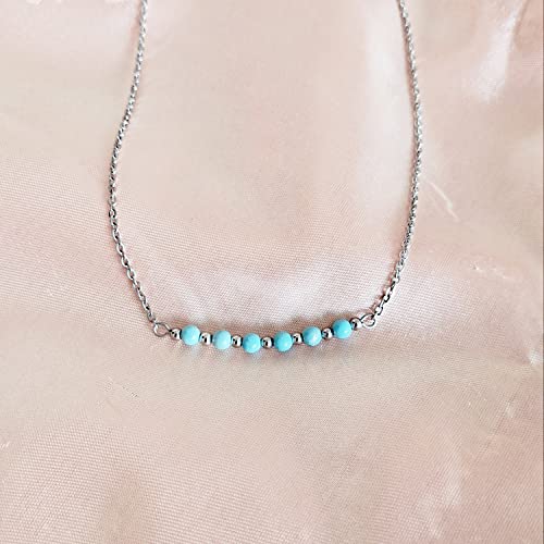 Dainty Turquoise Black Agate Beads Bar Necklace For Women Chain Choker Handmade Gemstone Jewelry For Mother's Day, Birthday Gift (4Mm Turquoise Round Beads) #TOP3
