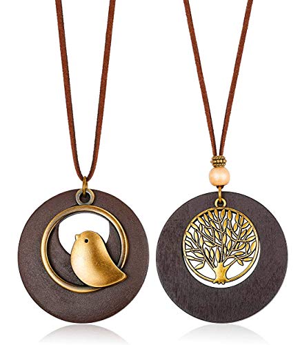 2 Pcs Vintage Brown Handmade Wood Pendant With with Bird