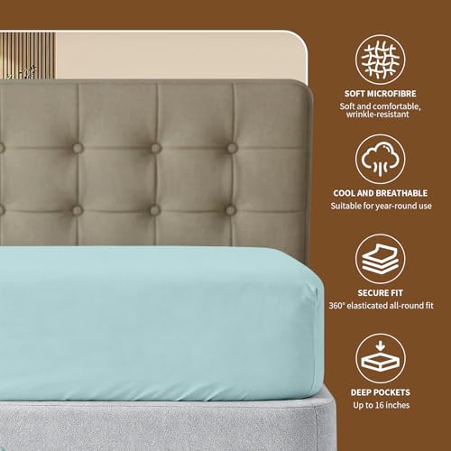 Image of HBHLFZ Full Fitted Sheet Only, Soft Breathable Bottom Sheet - 54 inchx75 inch Deep Pockets Full Size Fitted Sheet - All Around Stretch Fit, Wrinkle Resistant, Colorfast - Easy Care, Light Blue