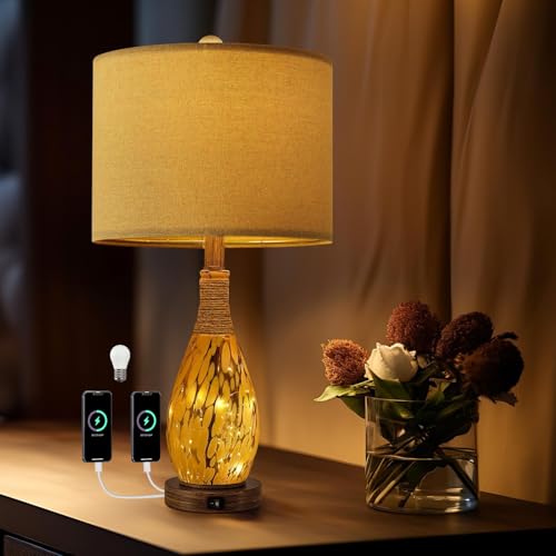 OYEARS 23" USB A+C Table Lamp for Bedroom Living Room Modern Bedside Lamps Retro Farmhouse Rattan Glass Nightstand Nightlight Lamps (Amber),Two Light Points by OYEARS - Used condition - US$42.94