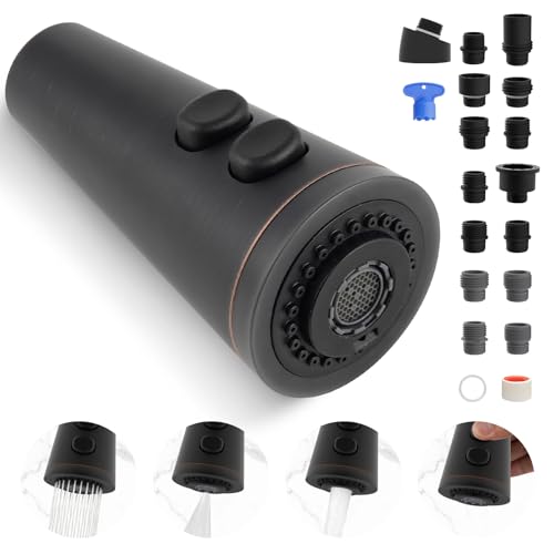 Hibbent Pull Down Kitchen Faucet Head Replacement, 4-Function Kitchen Sink Spray Nozzle with 15 Adapters, Compatible with Moen, American Standard, Delta, Kohler Faucets, Oil-Rubbed Bronze Cl
