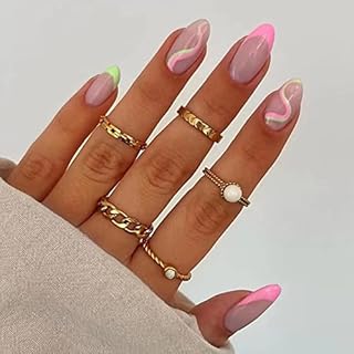 JUSTOTRY 24 Pcs Almond False Nails Short, White French Press on Nails with Wavy Pattern, Swirl Fake Nails Short with Nail Glue, Oval Stick on Nails for Women, Nails Fake Nail for Nails Art