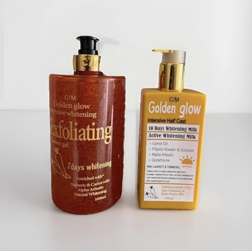 Set of 2 Skin Care C/M Golden Glow Intensive, Active Whitening Milk Body Lotion & Golden Glow Shower Gel -Brightening and Exfoliating Cleansing, 1000ml and Lotion 500ml. 10 Days Treatment.