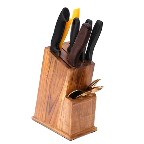 ROSTON Knife Holder Stand for Kitchen Universal Stand with 6 Slots Cutlery Holder Teak Wood (MODEL002) (MODEL002)