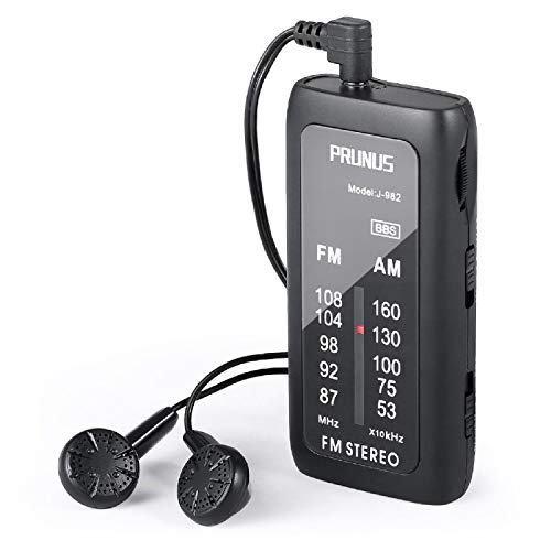 PRUNUS J-982 FM/AM Pocket Radio with Headphones, Portable Transistor Radio with Enhanced Bass