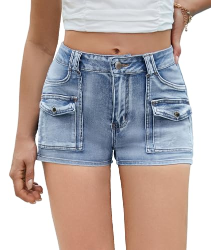 Women's Stretchy Jean Shorts Mid Waisted Twill Shorts Stretch Junior Booty Denim Shorts with Pockets Club Night