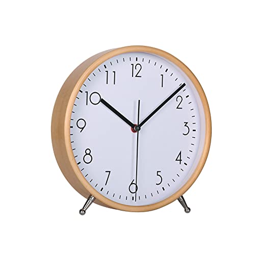 8 Inch Wood Desk Clocks Battery Operated for Living Room Bedroom Bedside Kitchen Round Decor Table Clock Silent Non Ticking Quiet Sweep Second Hand Quartz Large Numerals KSZ824 White