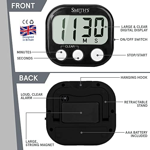 Smiths® Digital Kitchen Timer - Black | Large Countdown Clock | Battery Included | Loud Alarm | Big Digits | Magnetic, Kickstand & Hanging Hole | Very Easy To Use | 1 Year Guarantee