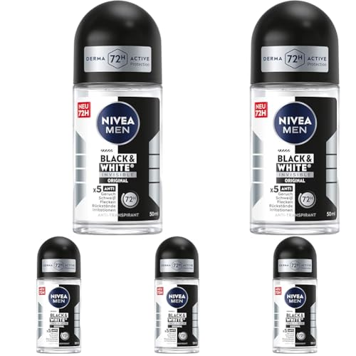NIVEA MEN Black & White Invisible Original Deo Roll-On, Antitranspirant mit 72h Schutz und Anti-Flecken-Formel, Deodorant ohne Ethylalkohol mit frischem Duft (50 ml) (Packung mit 5)