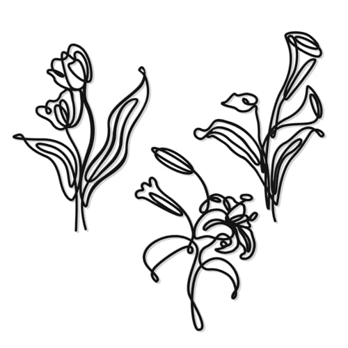 Zzbakress 3 Pcs Metal Flower Wall Art - Modern Fower Decor Minimalist Wire Decor for Kitchen, Bedroom, Bathroom, Patio, Garden, Balcony, Yard, Office (Black, Floral-1)