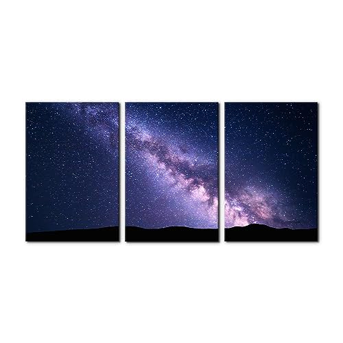 Purple Milky Way Wall Art Canvas Painting Night Sky with Stars and Hills Posters and Prints Decorative Modern Home Decoration Landscape Wall Home Decor Wall Art for Living Room - 16" x 24" x 3 Panels