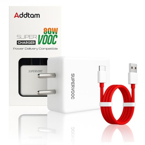 Image of Addtam 80W Supervooc Charger with 1M Type C Cable Compatible with Oneplus 15r /15 /13s /13 /13R /12 /12R /11 /11R /Nord 5 /Ce5 /Support Dash /Superdart /Vooc /Realme /iQOO /Vivo Fast Charge Adapter 80Watt, White