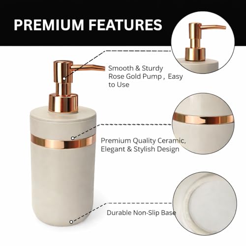 Image of Luxe Home International Rosegold & Ivory Plastic Soap Dispenser for Bathroom and Kitchen Sink Leak Proof Liquid Hand Wash Round Bottle Lightweight Smooth Finish (16x8 cm Rosegold & Ivory) Pack of 1