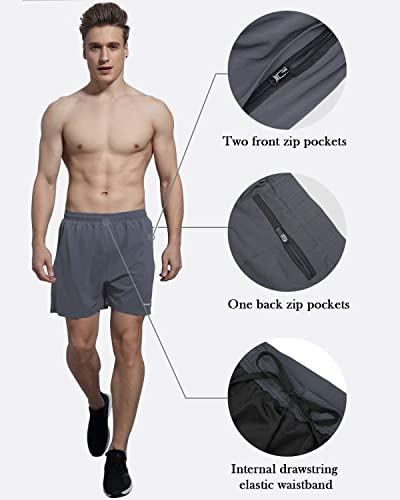 VAYAGER Men\'s 5 Inch Running Shorts Quick Drying Workout Athletic Performance Shorts with Liner and Zipper Pocket, Gray-XXXL - Thumbnail 4