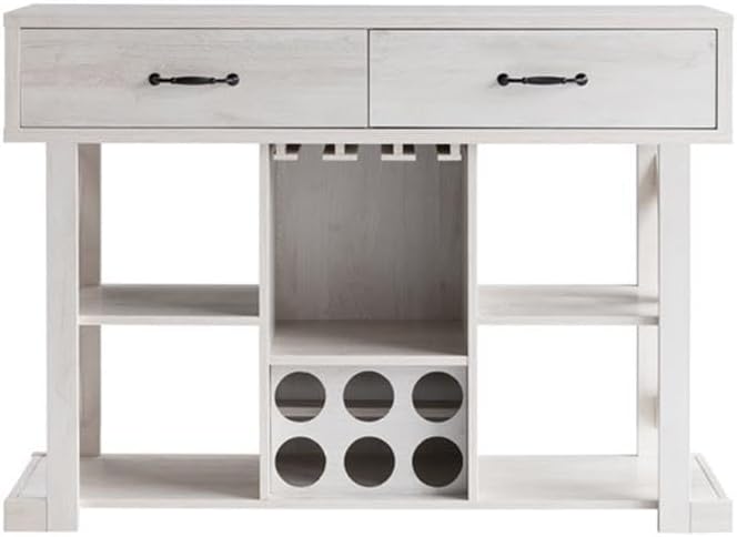 Bowery Hill Modern Farmhouse Wine Bar, MDF Wood, White Oak Finish, 47.5"W x 15.5"D x 33.75"H, Includes Wine Rack, 2 Drawers, 4 Shelves, 3 Stemware Racks, Home Bar Storage Cabinet for Dining Room or