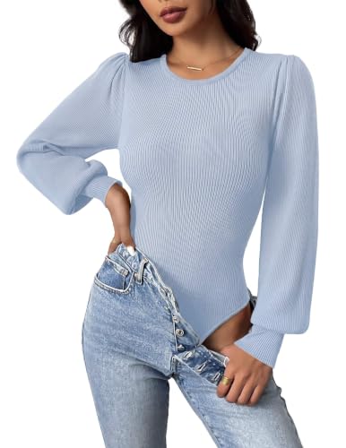 Image of Zeagoo Womens Sweaters Long Sleeve Bodysuits 2026 Fall Crewneck Puff Knit Pullover Tops