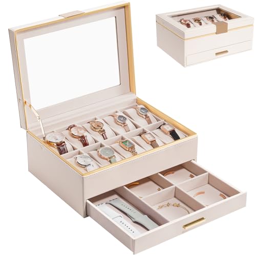 ProCase Watch Case for Women, 10 Slot Watch Display Case with Drawer, 2-Layer Womens Watch Box, 10 Watch Box Organizer, Jewelry and Watch Holder Storage Case With Glass Lid -Beige