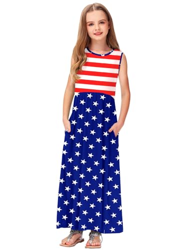 Image of Deerose Girls Maxi Dress Short Sleeve Casual Long Dresses with Pockets 5-14 Years