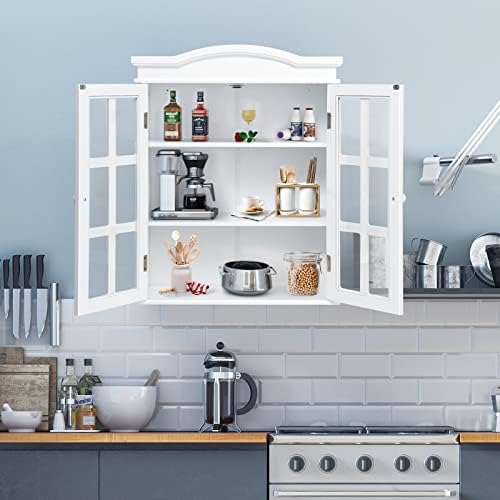 COSTWAY Bathroom Wall Cabinets, Double Door Wall Mounted Storage Cupboard with Adjustable Shelf, Home Kitchen Living Room Wooden Display Organiser Unit, White