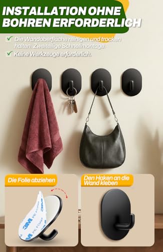 Poprkdre Handtuchhaken 6er-Pack | Edelstahl 304 Selbstklebende Wandhaken | Rostfreie Klebehaken aus Edelstahl | Ideal für Bad, Küche und Büro (schwarz)