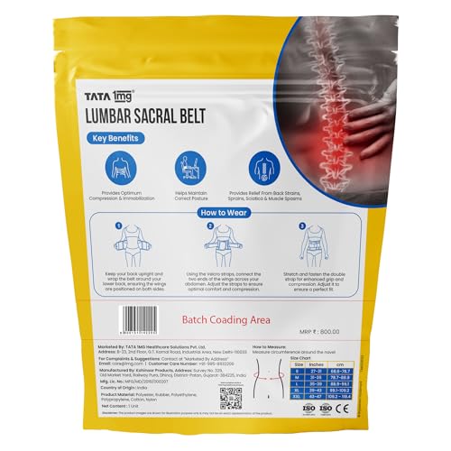 Image of TATA 1MG Lumbar Sacral Belt For Back Sprains, Strains, & Muscle Spasms, Unisex With 5 Flexible Splints for Lower Back Support, L,Pack Of 1