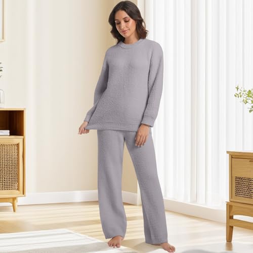Image of BOSECETA 2 Piece Fleece Pajamas for Women Set Loungewear Outfits Knit Sweater Womens Long Sleeve Fuzzy Pajama Sets