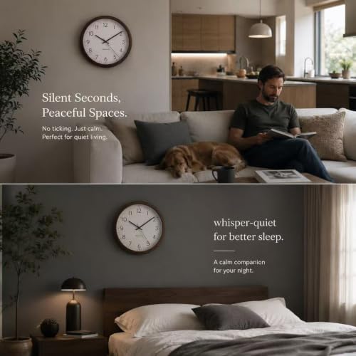 12 Inch WiFi Wall Clock, Auto Sync, Silent, Wood-Look Frame - Image 2