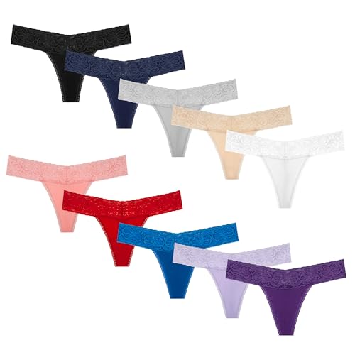 Image of Cotton Thongs For Women, Lace Thongs For Women,10 Pack Size XS to 5XL | Delicate Floral Lace Trim,Buttery Soft Stretch Waistband,Minimal Thong Cut,Daily Everyday Wear,Value Multipack Lingerie
