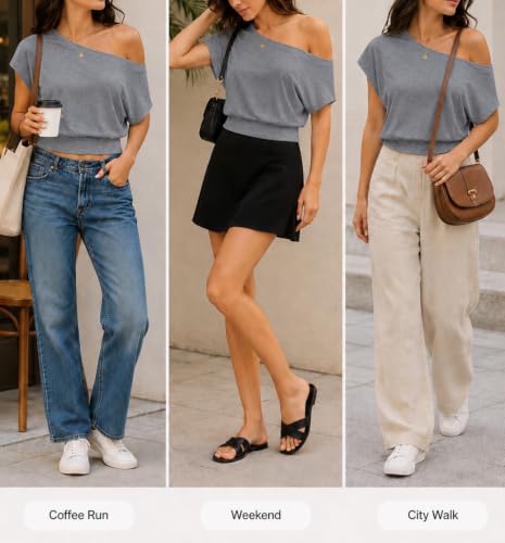 Image of SOFIA'S CHOICE Women's Off The Shoulder T Shirt Crop Top Casual Summer Dolman Sleeve Asymmetrical Cinched Waist Tops