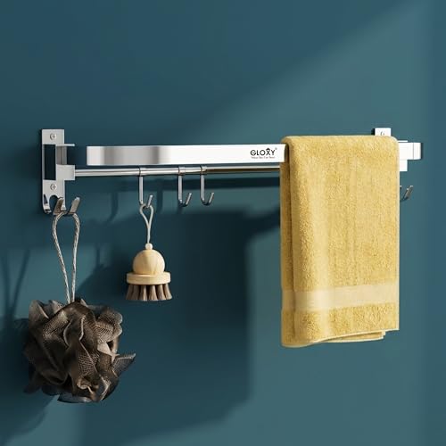 Image of GLOXY Premium 18 Inch Towel Holder for Bathroom - Stainless Steel Foldable Towel Rod with Hooks - Wall Mounted Towel Hanger with Chrome Finish - Space Saving Towel Bar - Bathroom Accessories