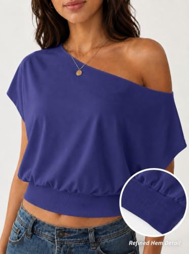 Image of SOFIA'S CHOICE Women's Off The Shoulder T Shirt Crop Top Casual Summer Dolman Sleeve Asymmetrical Cinched Waist Tops